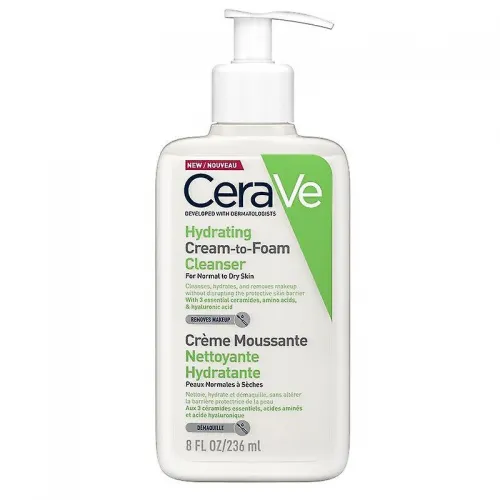 CeraVe Hydrating Cream-to-Foam Facial Cleanser with Hyaluronic Acid for Normal to Dry Skin
