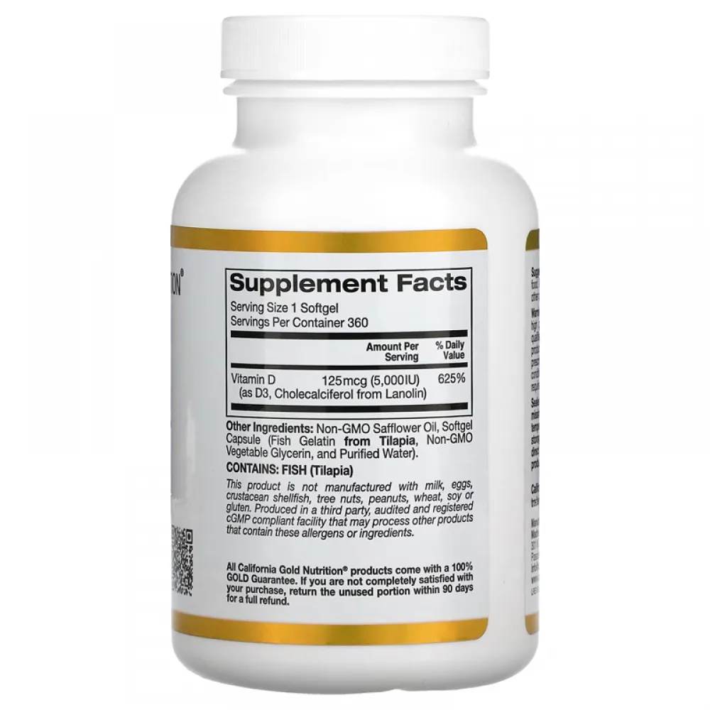 California Gold Nutrition, Vitamin D3, 125 mcg (5,000 IU),90 Fish Gelatin Softgels