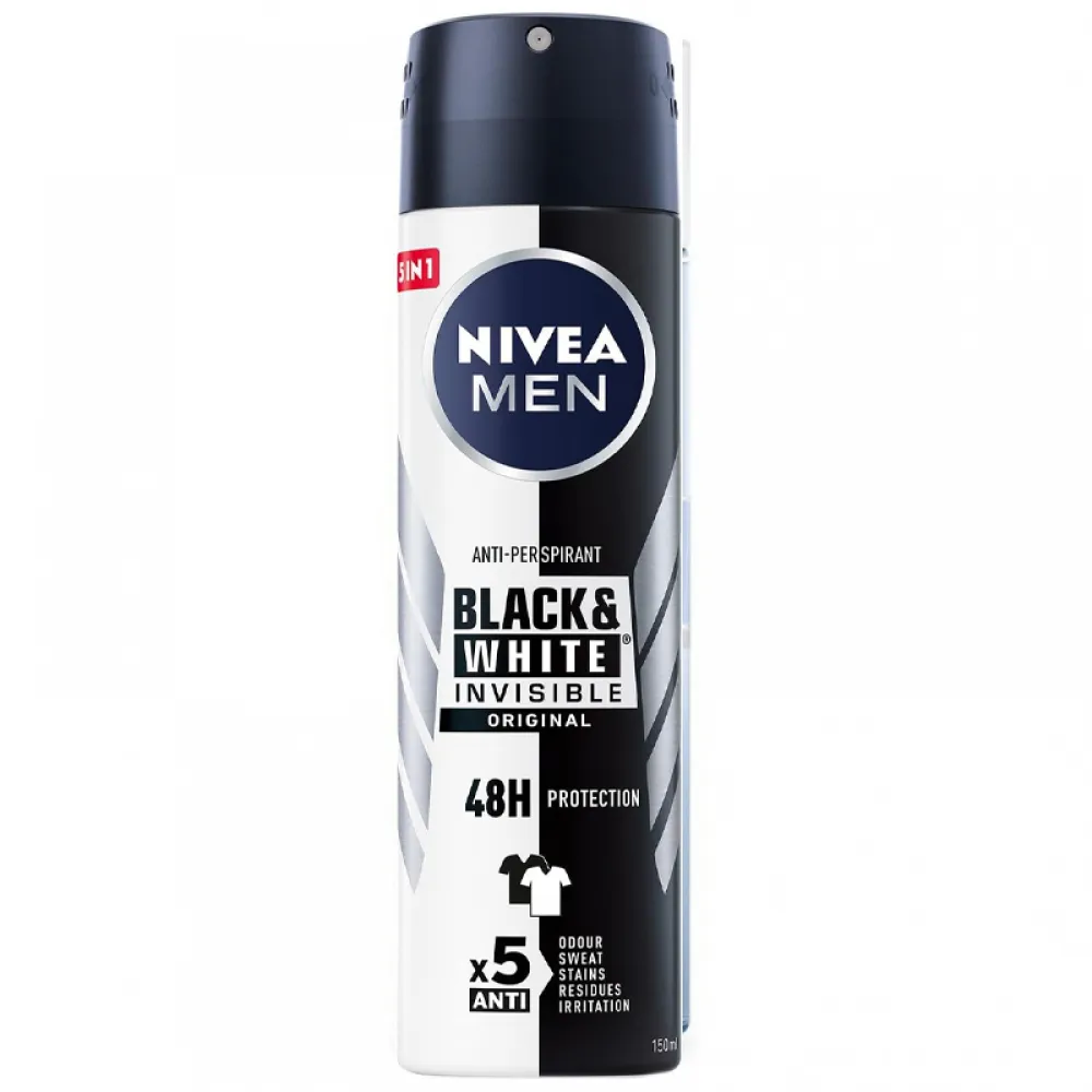 NIVEA MEN Antiperspirant Spray for Men, 48h Protection, Black & White Invisible Original, 150ml