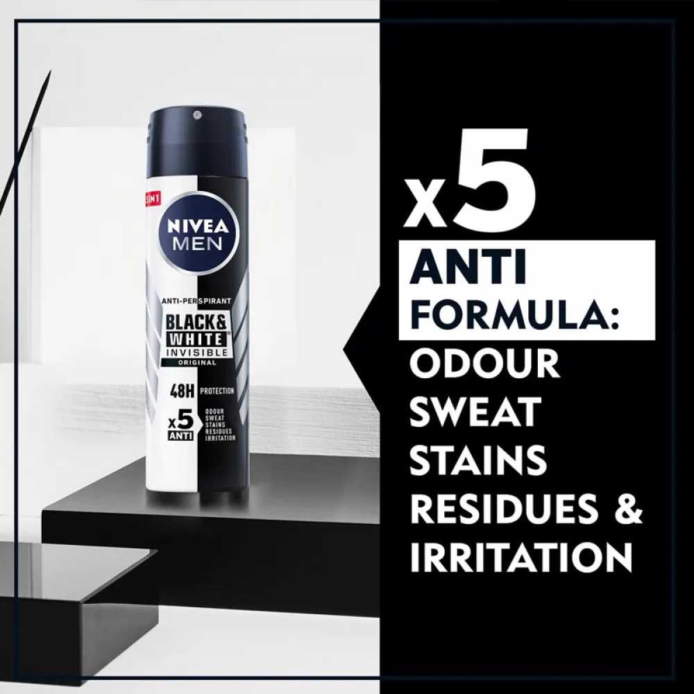 NIVEA MEN Antiperspirant Spray for Men, 48h Protection, Black & White Invisible Original, 150ml