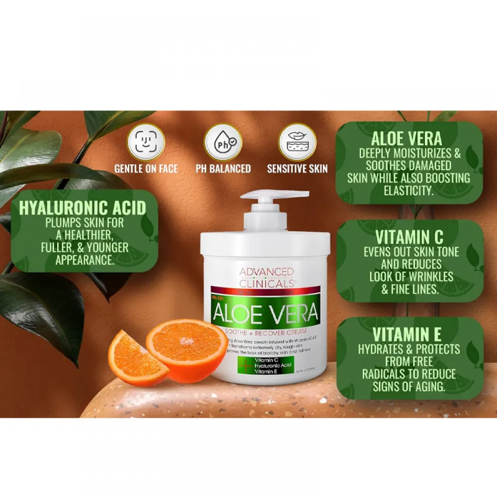 Advanced Clinicals, Aloe Vera, Soothe + Recover Cream, 16 oz (454 g)