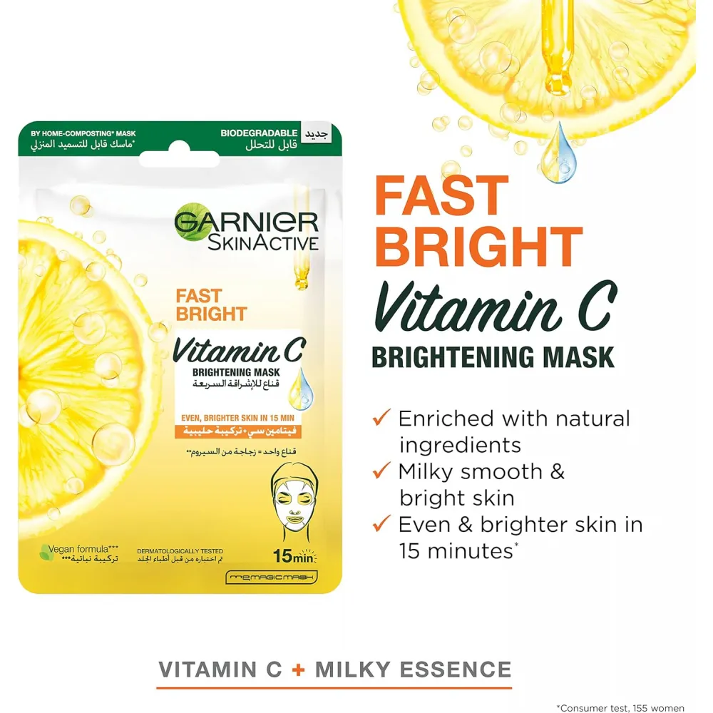 Garnier SkinActive Fast Bright Instant Bright Tissue Mask with Vitamin C and Milky Essence - 28gm