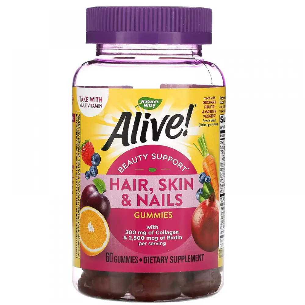 Nature's Way, Alive! Hair, Skin & Nails with Collagen & Biotin, Strawberry, 60 Gummies