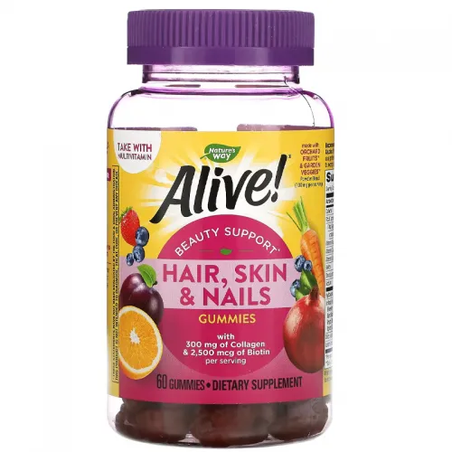 Nature's Way, Alive! Hair, Skin & Nails with Collagen & Biotin, Strawberry, 60 Gummies