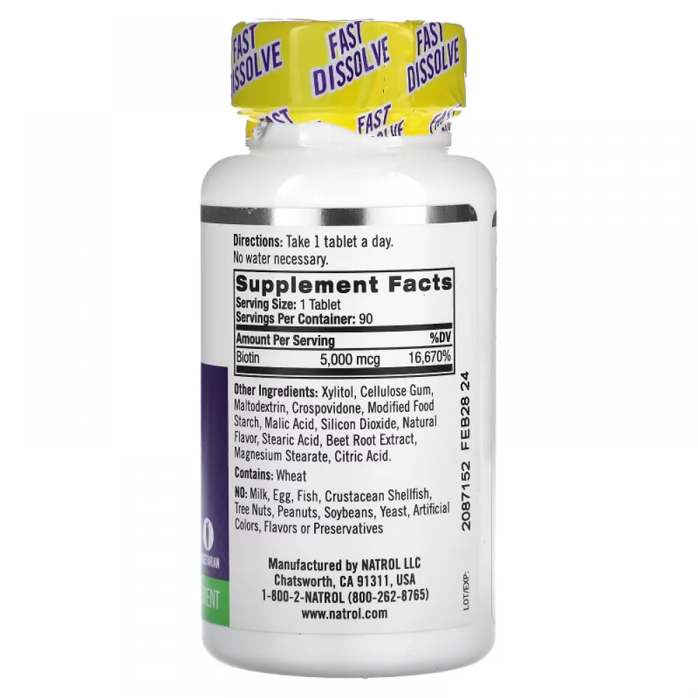 Natrol, Biotin, Fast Dissolve, Extra Strength, Strawberry, 5,000 mcg, 90 Tablets